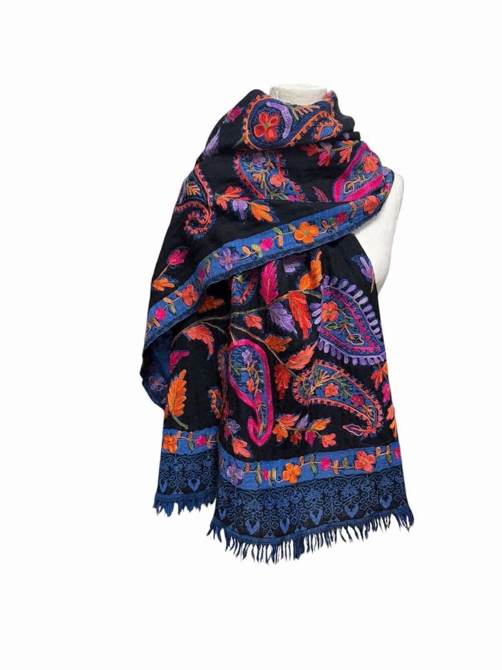 Embroidered Paisley Black Large Scarf Gypsy Hippie Festival Folk Art Fringe